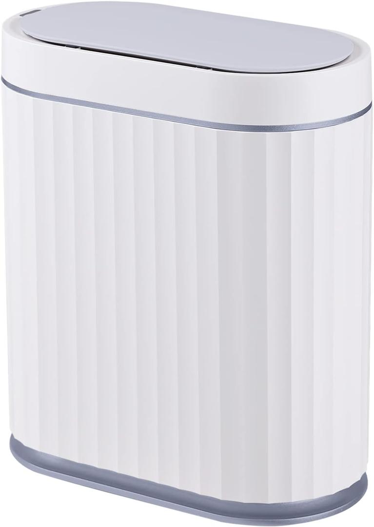 ELPHECO Bathroom Motion Sensor Trash can 2 Gallon Automatic Garbage Can, Slim Plastic Smart Trash Can with Lid, Commercial Intelligent Trash Bin for Bedroom, Bathroom, Office, White with Grey Trim