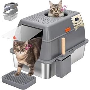 Stainless Steel Cat Litter Box: Enclosed Cat Litter Boxes with Lid - Extra Large Metal Kitty Litterbox with High Sides Top Entry XL Litter Pan Tray for Big Cats Anti-Leakage (Obsidian)
