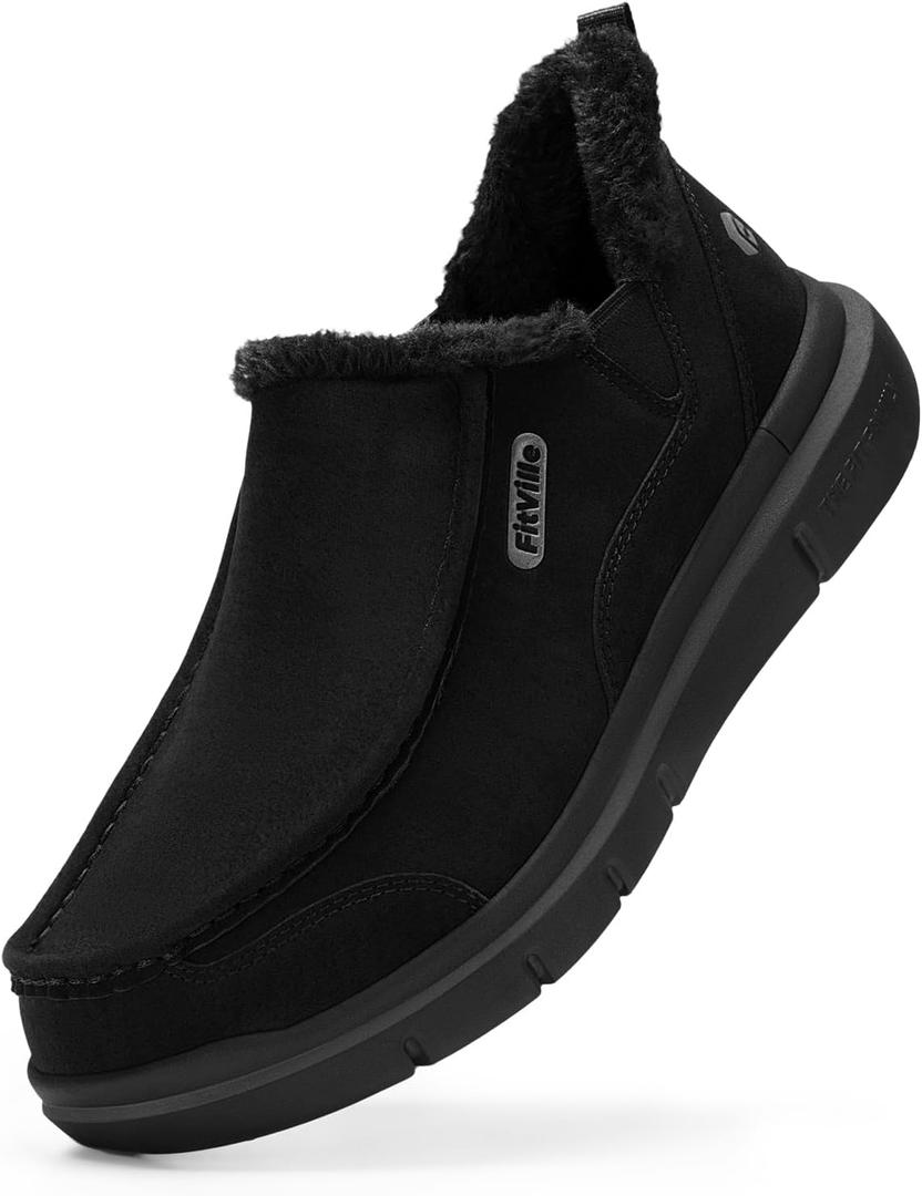 FitVille Extra Wide Men Slippers Slip-on Diabetic Shoes for Men Non Slip House Slipper for Flat Feet Pain Relief Neuropathy (Black, 9.5)