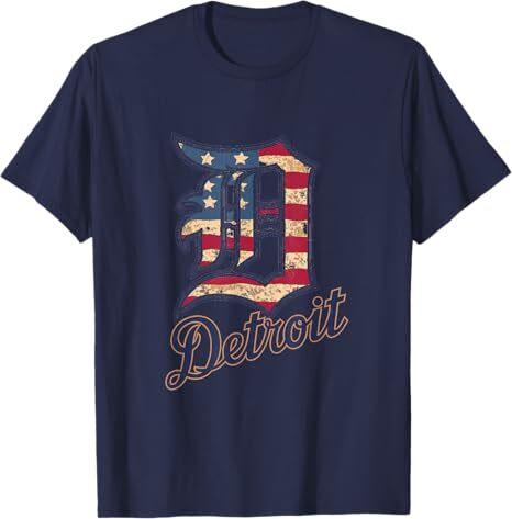 Nate Willis Detroit American Flag Old English D T-Shirt - Men's Blue Small Modern Classic Letter Print Short Sleeve T-Shirt L (Navy Blue)