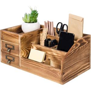 Liry Products Rustic Wooden Desktop Organizer Office Supplies Brown Tabletop Storage Cabinet Stepped Rack Multiple Compartments 2 Tier Drawers Makeup Accessory Jewelry Sorter Display Box Home Office, 32x16x21 CM