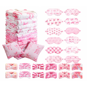 Fanfanwin 36 Pcs Sleepover Party Supplies for Girls, 12 Style Cute Pink Bow Blanket, 12 Pillows, 12 Coral Fleece Spa Headband 12 Plush Pink Eye Mask Cover for Slumber Sleepover Spa Party Gift(Cute)