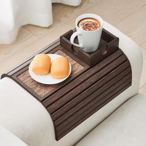 LOVYANXUE Bamboo Sofa Arm Tray Table, Foldable Couch Cup Holder, Anti-Slip Wide Couch Arm Tray Aremrest Table for Drink, Cup, Remote, Snacks, Cellphone, Portable, Brown