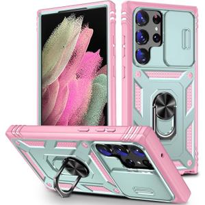 for Samsung Galaxy S24 Ultra Case Military Grade Drop Shock Protection Cell Phone Cover with Slide Camera Cover Built-in 360 Rotate Ring Stand for S24 Ultra 6.8 - Pink