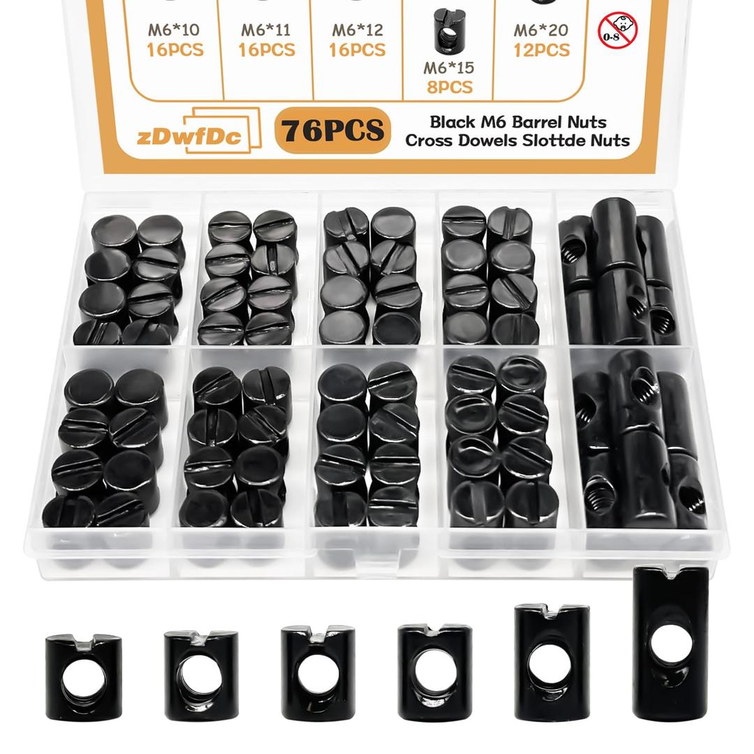 76PCS Black Metric M6 Barrel Nuts M6 x 10mm/11mm/12mm/13mm/15mm/20mm Cross Dowels Slotted Nut Kit DD027-b