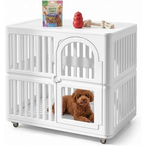 Plastic Dog Crate with Wheels, Single Door Indoor Outdoor Dog Kennel with Clear Acrylic Window, Ventilated, Easy Clean & Easy Assemble Pet Cage for Small/Medium Dogs