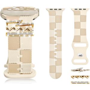 Silicone Strap for Series 10 Apple Watch Band 42/41mm, Stylish Checkerboard Bracelet with Gold Bling Z Charm for iWatch 40/38mm Series 9 8 7 6 5 4 3 SE, Designer Sport Wristband for Apple Watch Bands
