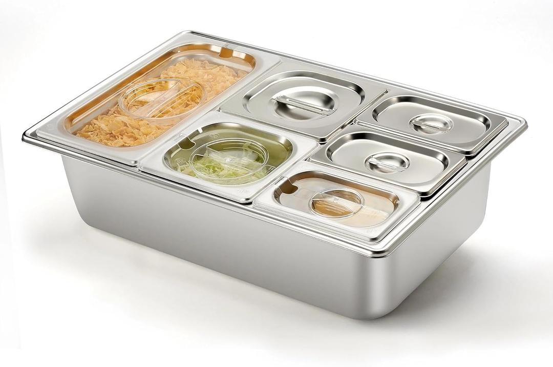 HECMAC Ice Chilled Condiment Serving Container (6 Pan), 2 Types of Lids, Drain Tray, 23 Gauge Anti-Jam Food Pan Commercial Heavy Duty Spice Rack Set, for Kitchen Buffet Catering