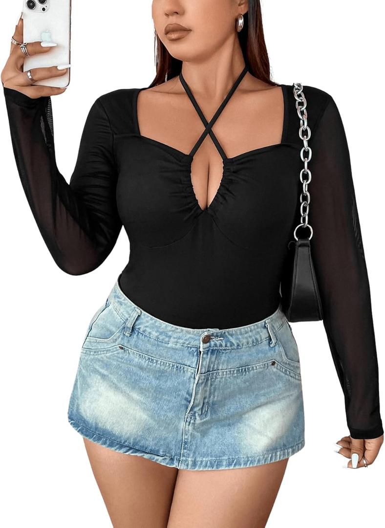 SOLY HUX Plus Size Tops for Women Long Sleeve Sexy Going Out Tops V Neck Criss Cross T Shirts Blouse Solid Black 0XL