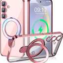 Magnetic Stand & Full Camera Lens Protector Case for Samsung Galaxy S24 Plus [Compatible with MagSafe][Military Drop Protective]Not Yellowing Clear Slim Soft S24 Plus Phone Case for Women Men,Pink