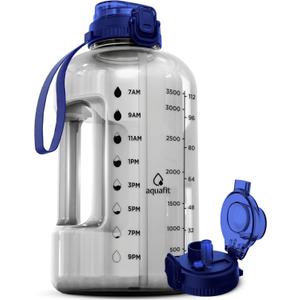 AQUAFIT 1 Gallon Water Bottle with Time Marker - Straw & Chug Lid - BPA Free Gym Water Bottle with Straw - Big Gallon Jug (Clarity, 128 oz - 2in1 Lid)