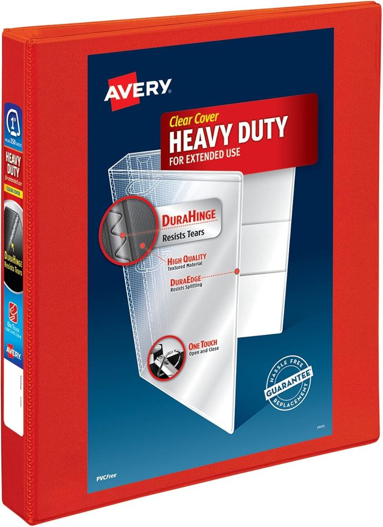Avery Heavy-Duty View 3 Ring Binder, 1" One Touch EZD Rings, 1 Red Binder (79170)