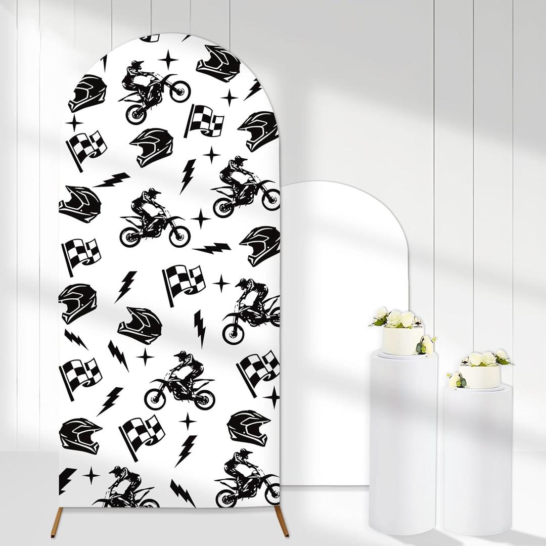Motorcycle Racing Arch Backdrop Cover Black White Dirt Bike Backdrop 6ft Stretchy Spandex Fitted Motocross Arch Stand Cover for Motorcycle Wedding Bridal Shower Baby Shower Birthday Party Decors, 6ft x 6ft