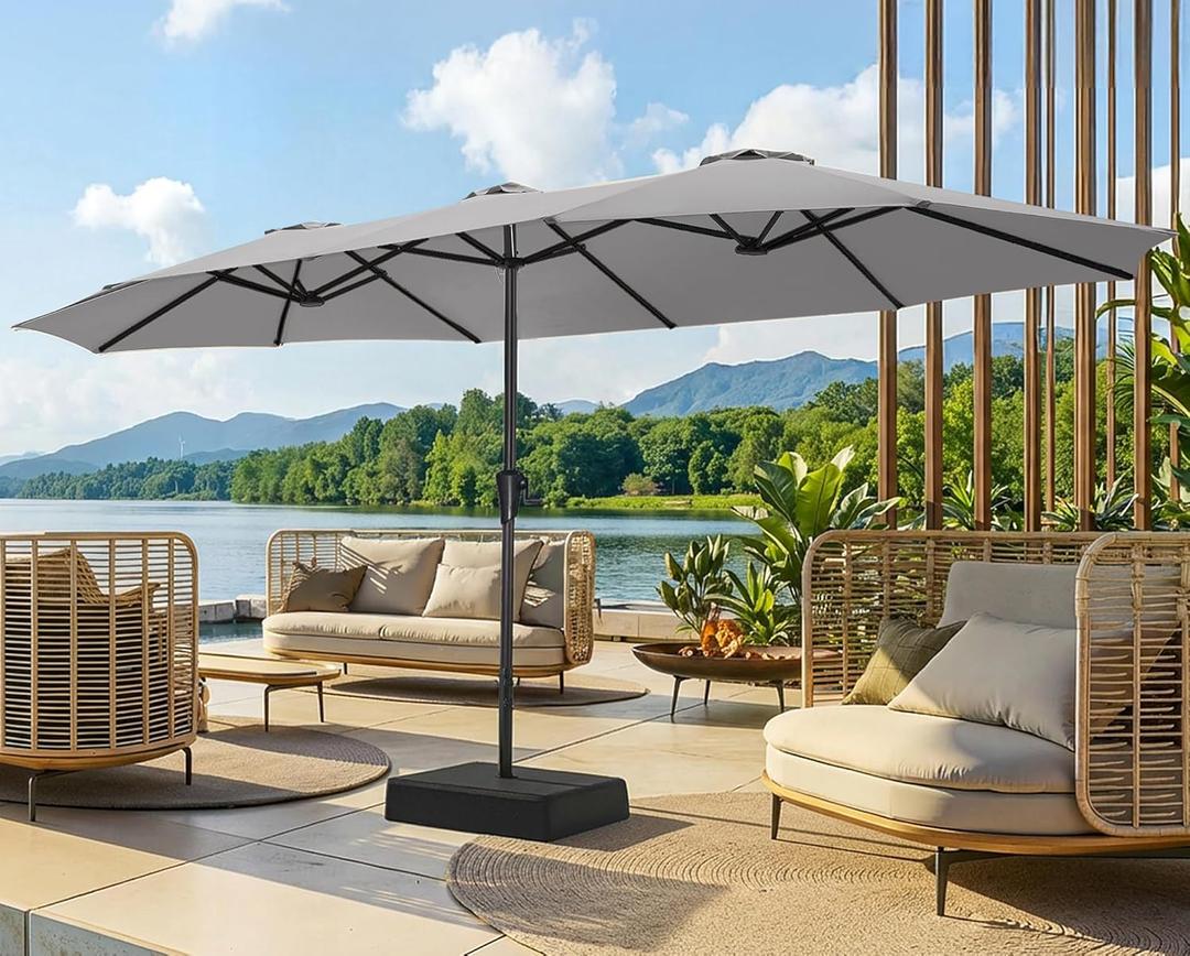 SUPERJARE 15FT Outdoor Patio Umbrella with Base Included, Double Sided Pool Umbrellas with Fade Resistant Canopy, Extra-Large Table Umbrella for Deck, Market, Backyard, Gray, 15FT