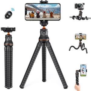 K&F CONCEPT Mini Tripod Stand, Flexible Camera Cellphone Tripod with Bluetooth Remote, 1/4'' Screw with Phone Holder&Cold Shoe, 6.6lbs Max Load Compatible with Smartphone/Canon Nikon Sony Camera, Black
