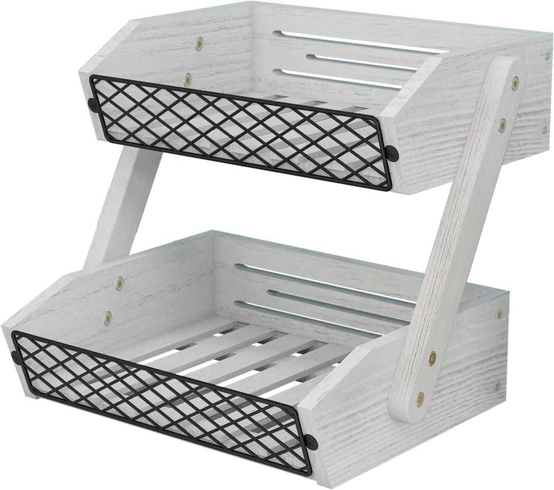Dorhors Fruit Basket for Kitchen, 2 Tier Fruit Bowl, Kitchen Counter Organizer, Wooden Vegetable Holder for Countertop, Bread Storage Basket Stand (Rustic White)