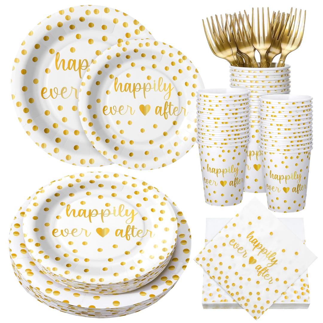 MotiMind 120 Pcs Happily Ever After Tableware Set Wedding Reception Party Table Decorations White and Gold Dot Paper Plates Cups Napkins Forks for 24 Guests Wedding Bridal Shower Engagement Party