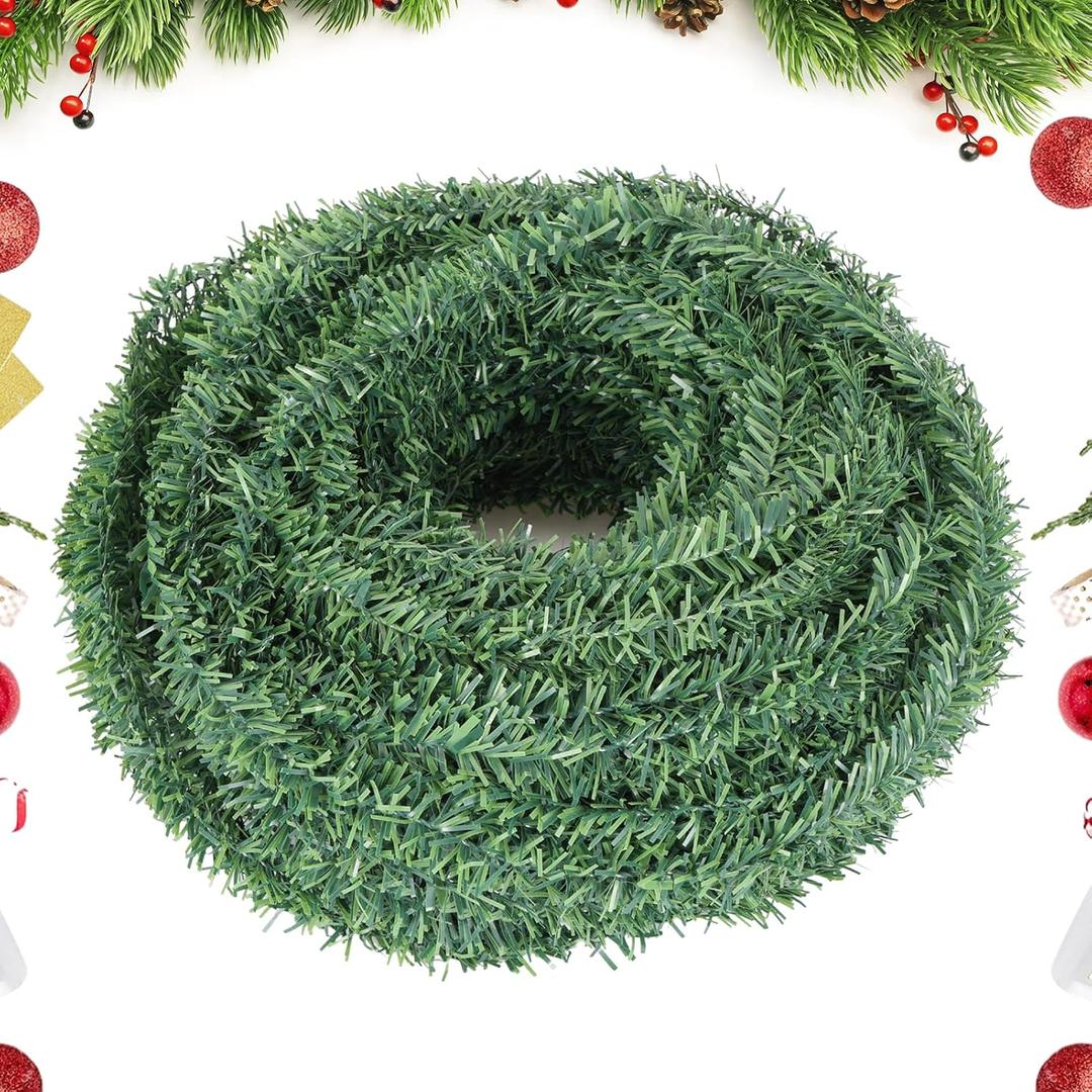 100 Ft 0.6 Inch Christmas Miniature Artificial Pine Garland, Mini Fake Greenery Roping Garland Decoration with Thin Wired Stem for Holiday Party Wedding Crafts Christmas Indoor Outdoor Decor (Green)