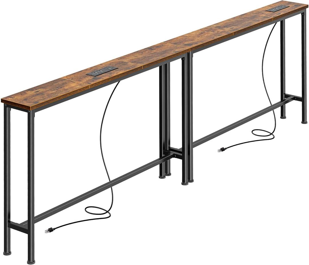 SUPERJARE 78.8 inch Narrow Console Table with Outlet, Sofa Table Set of 2, Behind Couch Table, Long Entryway Tables with Charging Station, for Living Room, Rustic Brown