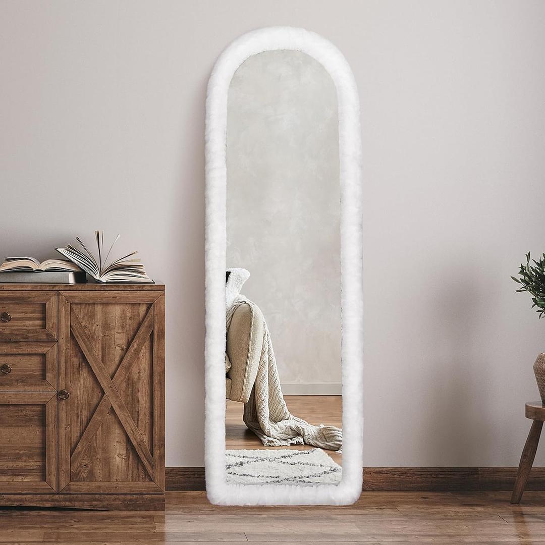 Fluffy Mirror Cover for Arched & Full-Length Mirrors (64"x21")  Stretch Fabric, Non-Slip Backing, Decorative Protector  Soft & Durable Dcor (Mirror Not Included) (White01)