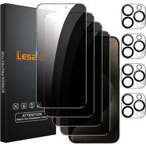 Lesakit 4+4 Pack Privacy Screen Protector for iPhone 15 Pro Max 6.7-Inch with 4 Pack Camera Lens Protector, Anti Spy Tempered Glass Film 9H Hardness Case Friendly