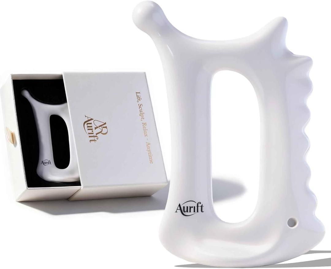 Ceramic 6in1 Gua Sha Tool for Face & Body, Jawline Sculpting, Double Chin Reduction, Lymphatic Drainage, Trigger Point Manual Massage Tool, Self-Care Gift Box for Women, White