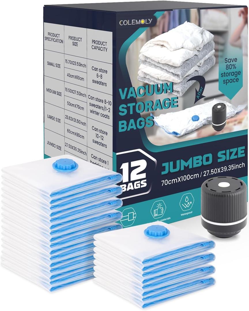 Jumbo Vacuum Sealed Bags 12 Pack - Space Saver Compression Bags for Travel with 1 Electric Pump