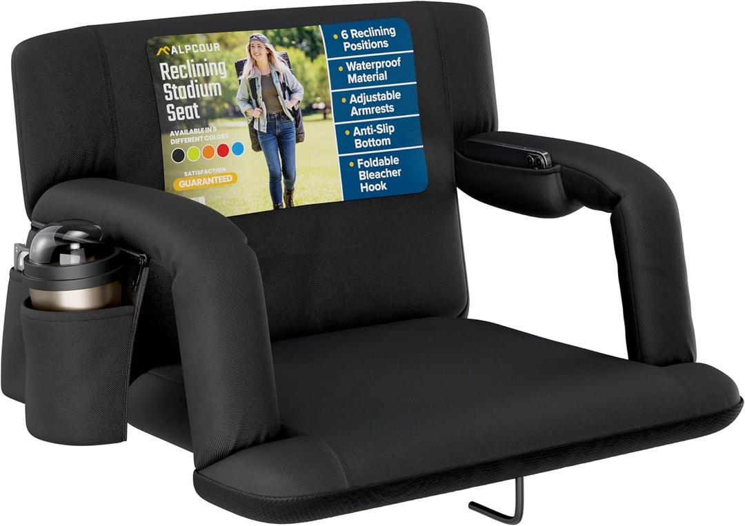 Alpcour Reclining Stadium Seat – Wide Bleacher Chair with Back Support and Cushion, Armrests, Side Pockets, and Bleachers Hook – Best Stadium Seats Chairs for Camping, Kayak, & Paddle Board Backs