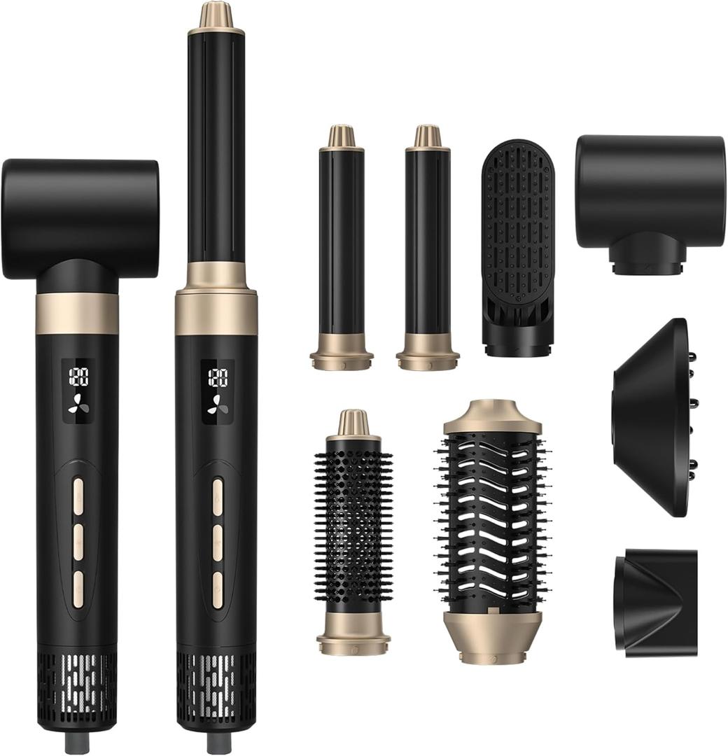 8 in 1 Blow Dryer Brush, Hot Air Styler with Detachable Blow Dryer, Hair Dryer Brush & Volumizer, Air Wrap Hair Styler Multi Styler Set  Curl, Dry, Straighten, Smooth, 3 Heat Settings (Black and Gold)