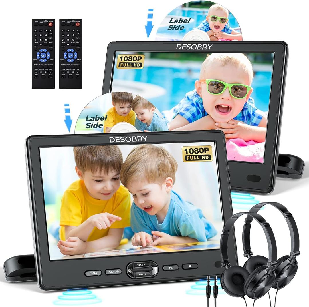 Car DVD Player Dual Screen with Headrest Mount, DESOBRY 10.5" Portable DVD Player for Car with Suction-Type Disc in, Play a Same or Two Different Movies, Support 1080P Video, HDMI Input, USB/SD Reader