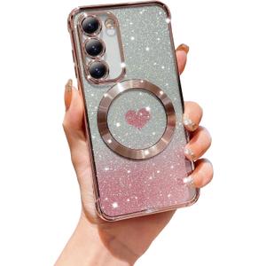 FABSPARK for Samsung Galaxy S25 Phone Case, Compatible with Magsafe, Magnetic Plating Glitter Gradient Cute Heart Clear Case, Camera Protection for Samsung Galaxy S25, Pink
