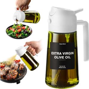 CXINYI - 16oz/470ml Olive Oil Dispenser for Kitchen with Stickers - 2 in 1 Olive Oil Sprayer for Cooking, Air Fryer, and Salad, White (Light-Proof Kitchen Gadget) (White-02)