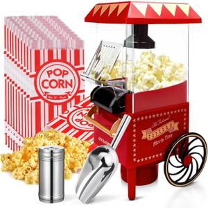 Popcorn Machine, Hot Air Popcorn Maker Kit Gift Box, Portable Home Popcorn Popper Machine, 10-Cup,Oil-Free,Retro Style,Compact and Cute (red/gold)