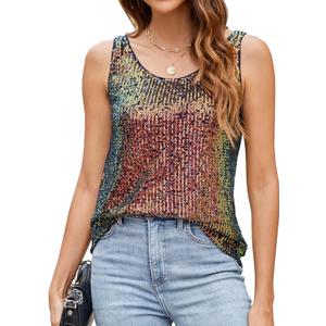 Ainuno Sequin Tops for Women Sparkly Loose Tank Tops Sleeveless Sparkle Tanks Fashion Outfit Top (Medium, Shiny Color)