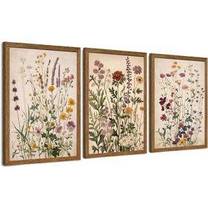 AVECCO Vintage Color Wildflower Canvas 3 Pieces Wall Art, Nature Floral Artwork Wall Decor, Botanical Art Prints for Bedroom Living Room Office Home Decoration Ready to Hang 20x30 Inch Wood Framed
