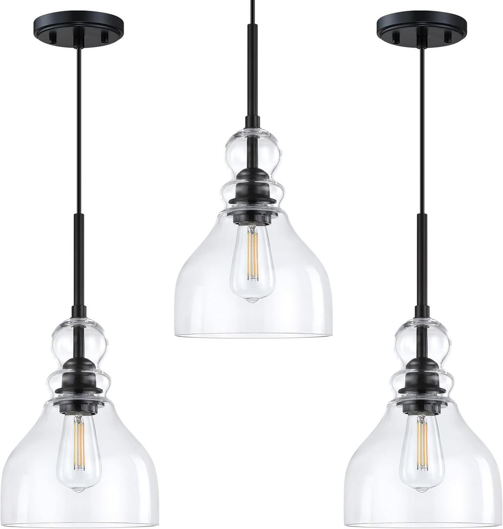 3 Pack 1 Light Kitchen Island Pendant Ceiling Light 6.5" Clear Glass Black Finish Fixture,Modern Industrial Farmhouse Pendant Lamp for Bedside Over Sink Hallway