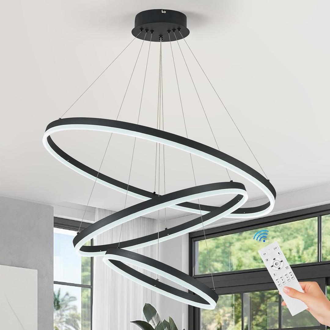 3-Rings Modern LED Chandelier Black, Dimmable Pendant Lighting with Remote Control Circular Flush Mount High Ceiling Light for Living Room Dining Room Foyer, 3000K-6500K D31.5