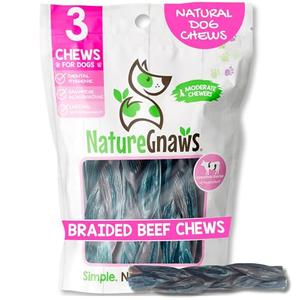 Nature Gnaws Braided Beef Chews for Dogs 5-6" (3 Count) - Long Lasting for Small and Medium Dogs - Natural Beef Gullet Jerky Dog Chew Treats 12/2015