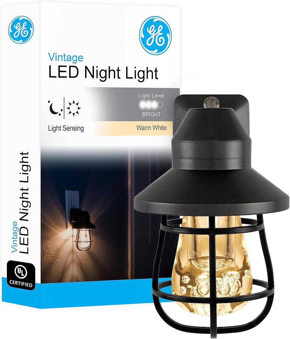 GE Vintage LED Night Light, Plug-in, Dusk to Dawn Sensor, Farmhouse Decor, Mood Lighting, Home Decor, Ambient Lighting, LED Lights for Bedroom, Bathroom, Kitchen, Hallway, 38628, Black, 1 Pack