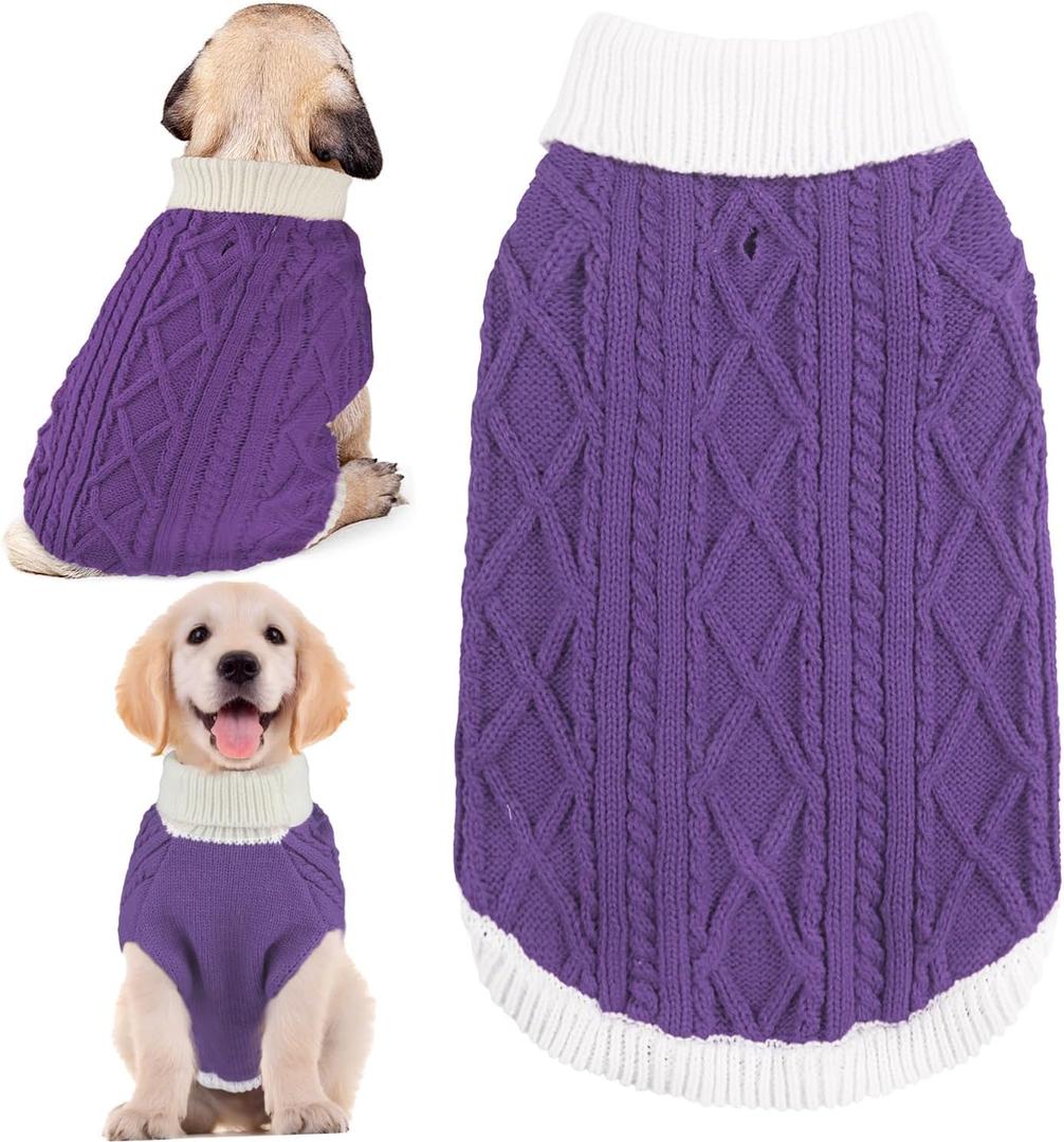 2 x Small Dog Sweaters with Leash Hole Turtleneck Dog Sweaters Knitwear Boys Girls Warm Soft and High Stretch Pet Clothes for Fall WinterPet Shirts for Kitten Puppy Purple Large