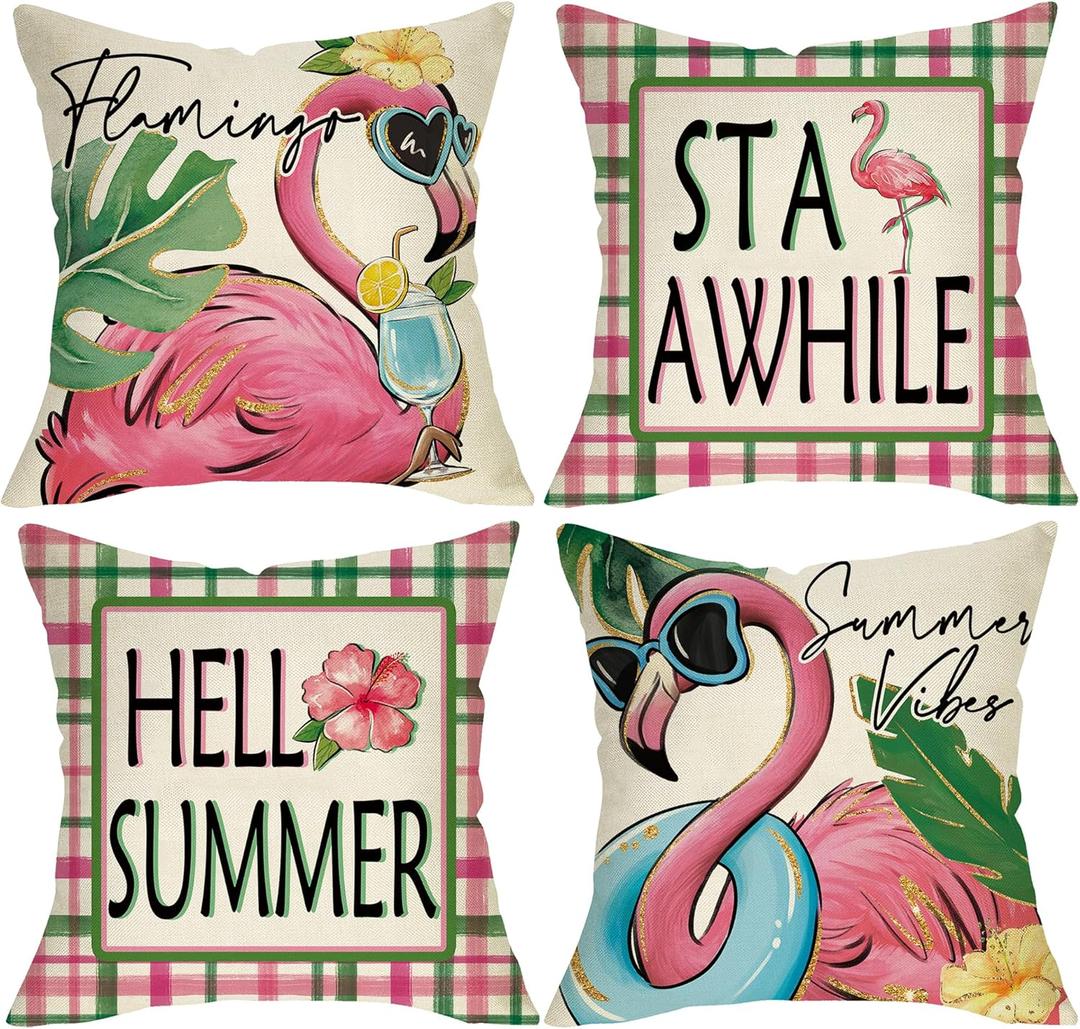 Hello Summer Vibes Flamingo Decorative Throw Pillow Covers 18 x 18 Set of 4, Stay Awhile Tropical Hawaii Palm Leaves Porch Outdoor Home Decor, Swim Ring Plaid Farmhouse Couch Cushion Case