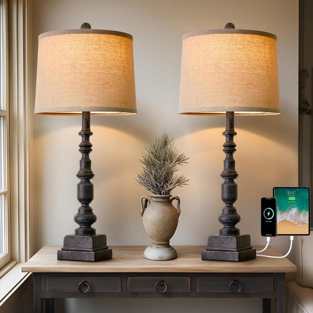 Oneach 27.75 Vintage Farmhouse USB A+C Table Lamps Set of 2 for Living Room Bedroom Traditional Bedside Nightstand Lamp Retro Resin Lamps Linen Shade Nightstand Home Office Antique Black Accent