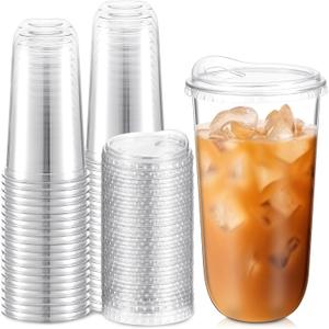 Baderke 50 Pcs Round Bottom Plastic Cups with Sip Lids Clear Disposable Iced Coffee Cups for Smoothie Cold Beverage Coffee Shops and Party Catering(20 oz,Clear)