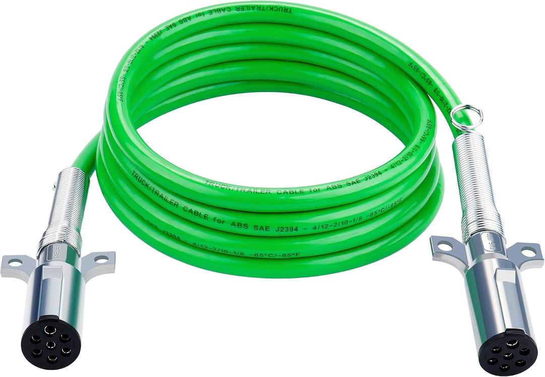 7 Way ABS Cord, 12FT 7 Way Coiled Trailer Cord, Heavey Duty Electrical Power Cable for Semi Truck Tractors - Green