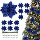 Blue Christmas Ornaments,12pcs Poinsettias Artificial Christmas Flowers,Christmas Tree Decorations,Blue Christmas Decorations,Poinsettias for Christmas Tree Flowers With Clips,Glitter Xmas Flower
