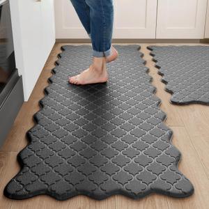 Arenarug Upgrade Scalloped Embossed Kitchen Mats for Floor 2PCS Cushioned Anti Fatigue Waterproof Foam Kitchen Rugs Non Slip Washable Comfort Standing Mat for Sink Laundry, 17.3"x30"+17.3"x59", Black (Basic Solid- Black)