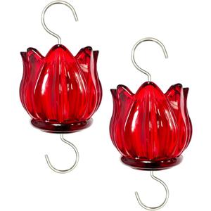 Real Glass Ant Moat for Hummingbird Feeders & Oriole Feeders Glass Tulip Shape Insect Guard with Large Capacity Flower Design Nectar Feeder Accessory Hooks (Red, 2 Pack)