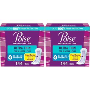 Poise Ultra Thin Incontinence Pads & Postpartum Pads for Bladder Leaks, 4 Drop Moderate Absorbency, Regular Length, 144 Count (Pack of 2)