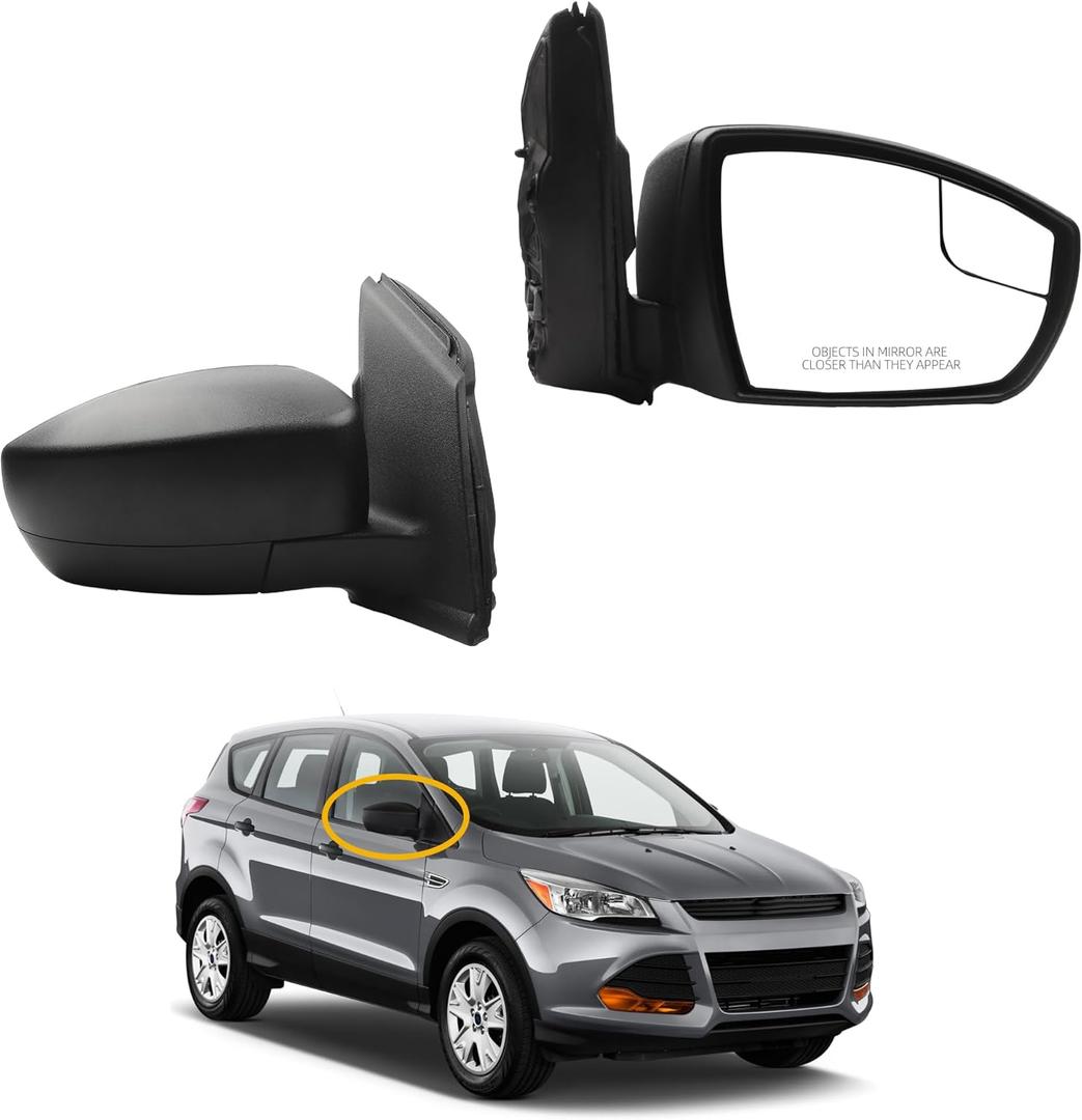 Dasbecan 3Pins Passenger Right Side Mirror Assembly Compatible with 2013-2016 Ford Escape S With Power Adjustment Glass/Manual Folding/Blindspot Mirror Matte Black Cover Replace# FO1321434