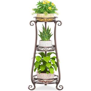KMOTASUO 3 Tier Metal Plant Stand for Multiple Large Planters Indoor Outdoor Organizer, Heavy Duty Tall Flower Rack for Corner Patio Bathroom Office Corner, Modern Sturdy Vertical Iron Rack, Bronze